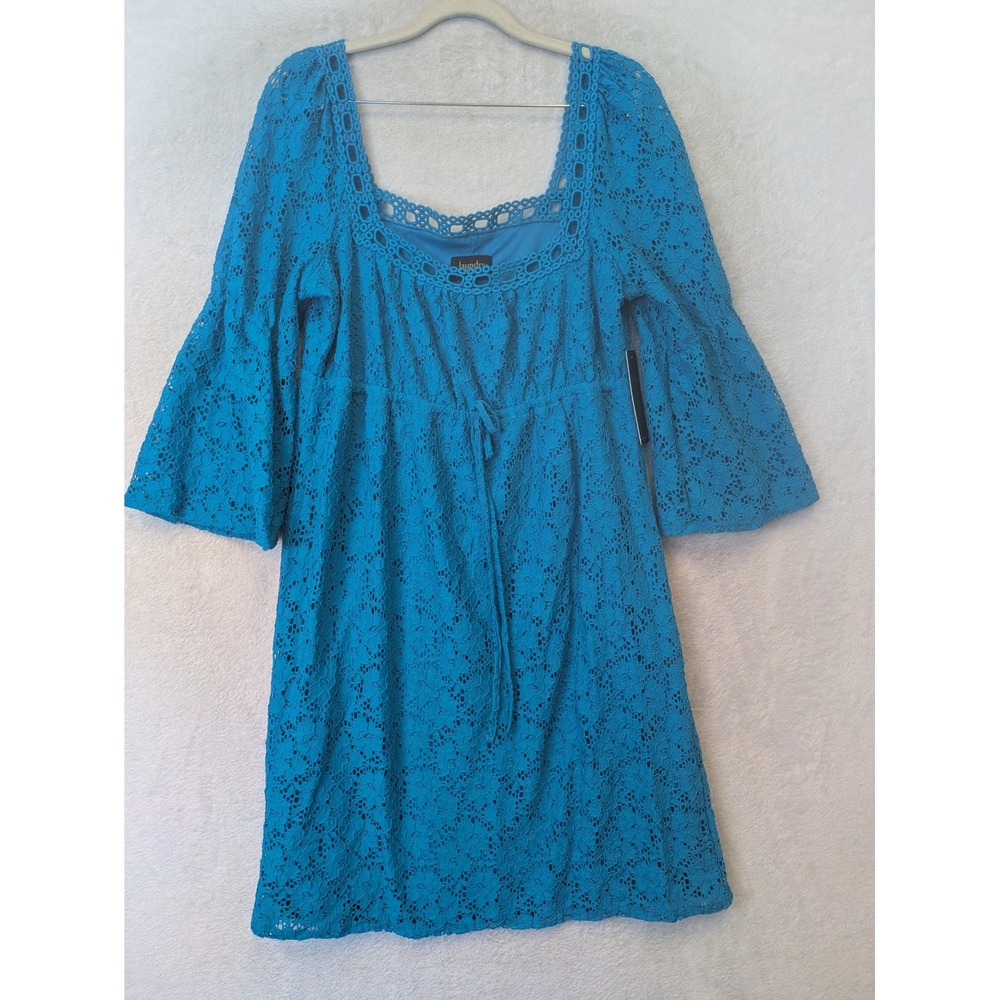 NEW Laundry by Shelli Segal Dress Women's L Cerulean Blue Lace Bell Sleeve Boho